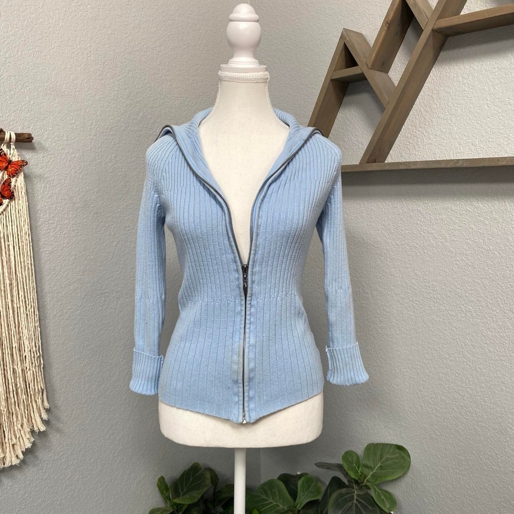 Y2K LIGHT BLUE RIBBED ZIP UP LONG SLEEVE SWEATER WINTER FALL GRUNGE ALT